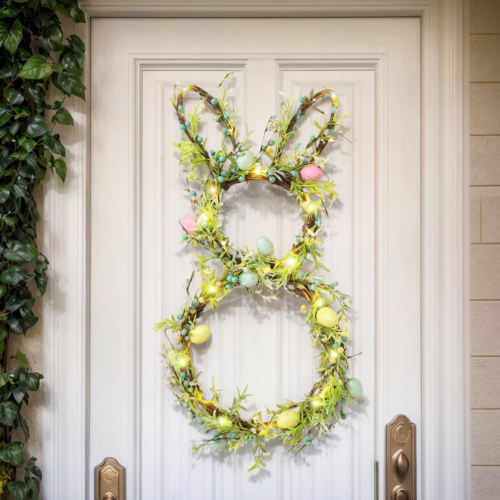 Easter Bunny Spring Wreath for Front Door, Lighted Easter Wreath with Timer and