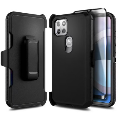 For Motorola One Ace/ UW 5G Case with Tempered Glass, Full Body, Belt Clip,Stand