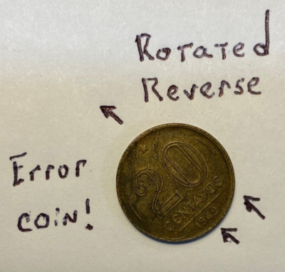 Error Coin! Brazil 20 centavos, Ruy Barbosa de Oliveira 1949 - Rotated Reverse