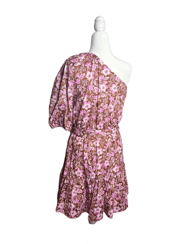 Jason Wu One Shoulder Puff Sleeve Floral Belted Mini Dress Pink Tan Size Large - Picture 3 of 7