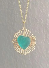 Blue teal heart Seaglass - Flowered Pendant 20: Gold plated Chain