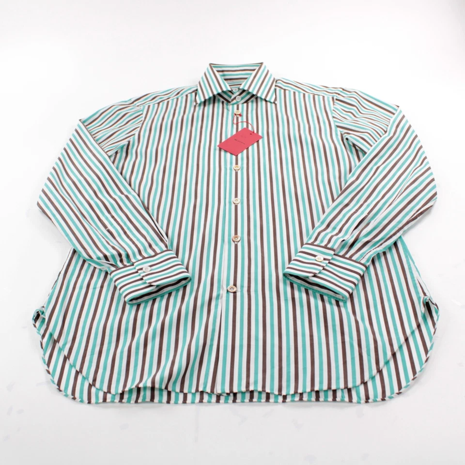Camicia elegante Kiton nuova con etichetta taglia 15,75 40 marrone acqua con righe bianche 100% cotone - Immagine 3 di 4