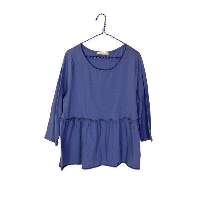 Anthropologie Everleigh Blue Purple Ruffle Knit Pullover Tee T-shirt Top Size L