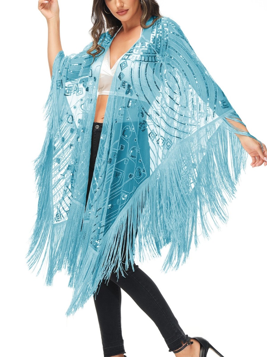 Oversized 1920s Hand Beaded Fringed Sequin Evening Shawl Wrap