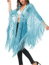 Oversized 1920s Hand Beaded Fringed Sequin Evening Shawl Wrap