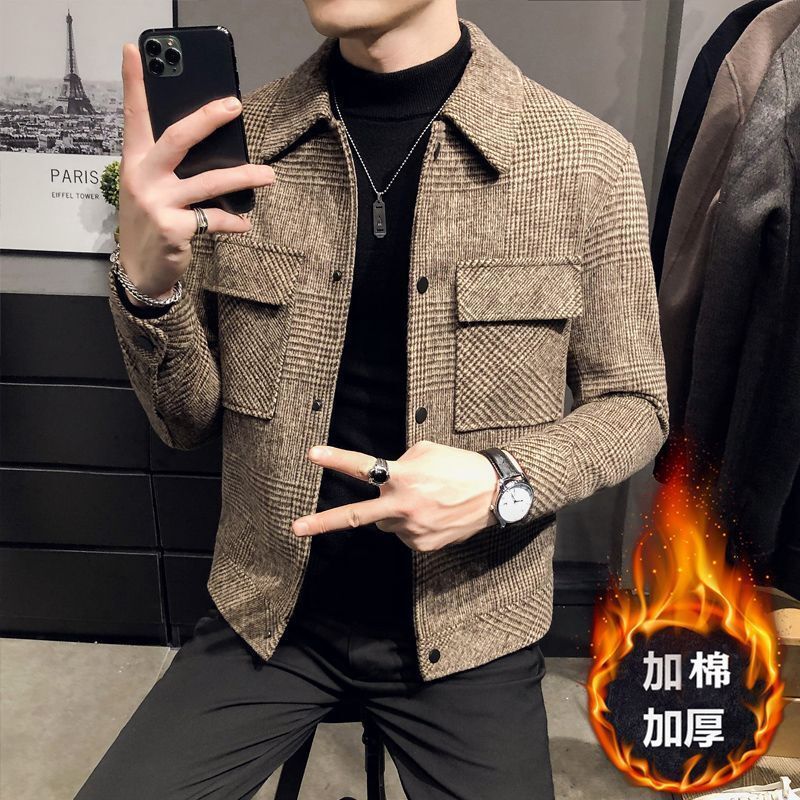 Men's Plaid Jacket Wool Blend Houndstooth Short Coat Lapel