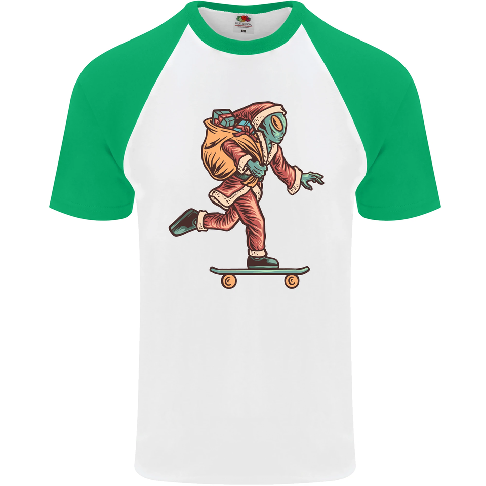 Funny Santa Clause Alien on a Skateboard Mens S/S Baseball T-Shirt ...