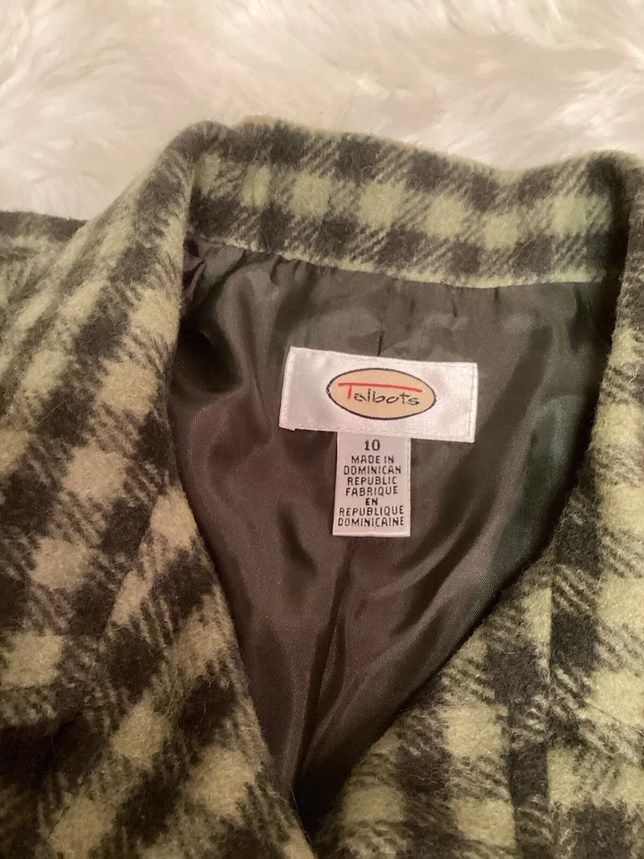 Chaqueta con botones de lana TALBOTS talla 10 bolsillos forrados verde oliva cuadros usada en excelente estado Foto 3 de 4