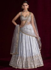 New Satin Silk Pastel Blue Lehenga Choli With Dupatta For Indian Reception Wear