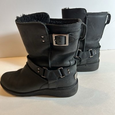 UGG Black Leather Moto Harness Boots Shearling Lined Buckle Mid Calf 7