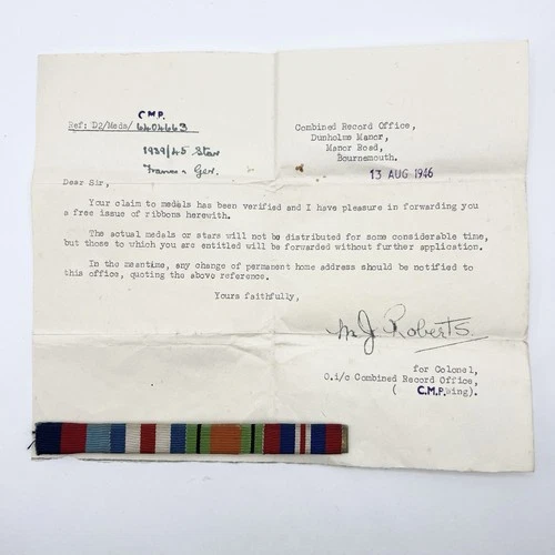 Genuine WW2 France & Germany Medal Ribbon Bar & Paperwork Military Police