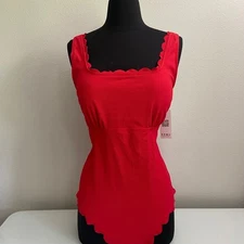 Charmo Red One Piece Swimsuit Scalloped Square Neckline XL Open Back NEW