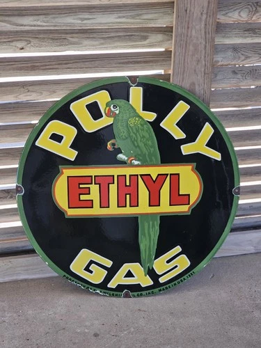 VINTAGE POLLY ETHYL GAS STATION SIGN PORCELAIN ENAMEL  DEALERSHIP SIGN 30"