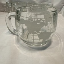 Nestle Nescafe Vintage Clear World Map Globe Etched Glass 6- 8oz Coffee Cup Mugs