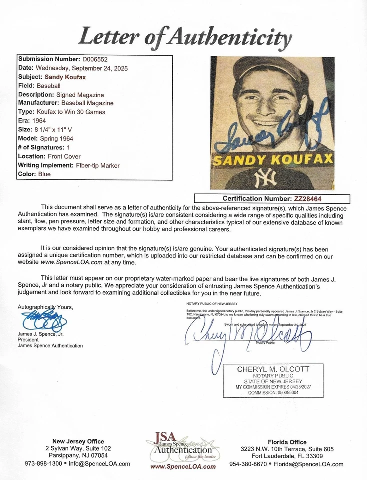 Sandy Koufax Autograph Auto 1964 Baseball Magazine - Mays Mantle Maris - JSA LOA - Image 3 of 3