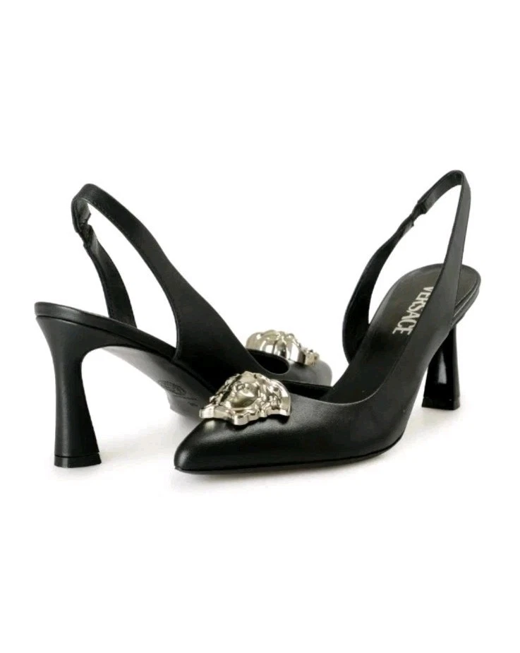 Versace — Versace Women's Silver Medusa Black 100% Leather Heeled Pumps Shoes US 10 IT 40