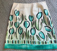 Talbots Skirt Ivory  Aqua Green Tulip Floral Cotton Stretch Women  s Sz 8 Easter