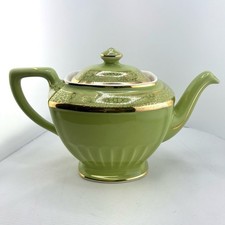 Tetera vintage Hall New York 6 tazas verde oliva dorado craquelado mediados de siglo