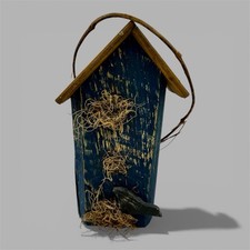 Primitive Wood Bird House Rustic Blue Hand Made 10x5  Black Bird