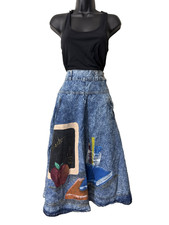 Vintage Teacher Gitano Acid Wash Denim Hand Painted Midi Skirt HIgh Waist S 5/6