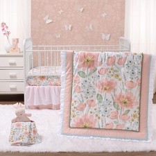 4 Piece Organic Cotton Baby Crib Bedding Set for Girls - Newborn, Infant  Nu...