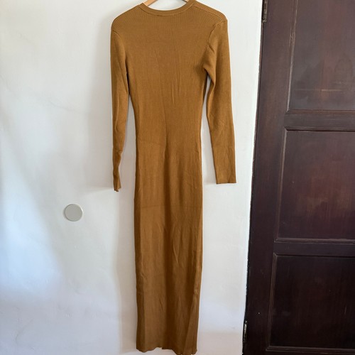 LIONESS | OPULENCE Strick-Maxikleid braun tiefer V-Ausschnitt Beinschlitz Small - Bild 3 von 6