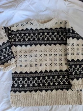 VTG Rey Wear Ecuador Unique Chunky Wool Hand Knit Fair Isle Sweater Artisan Sz L