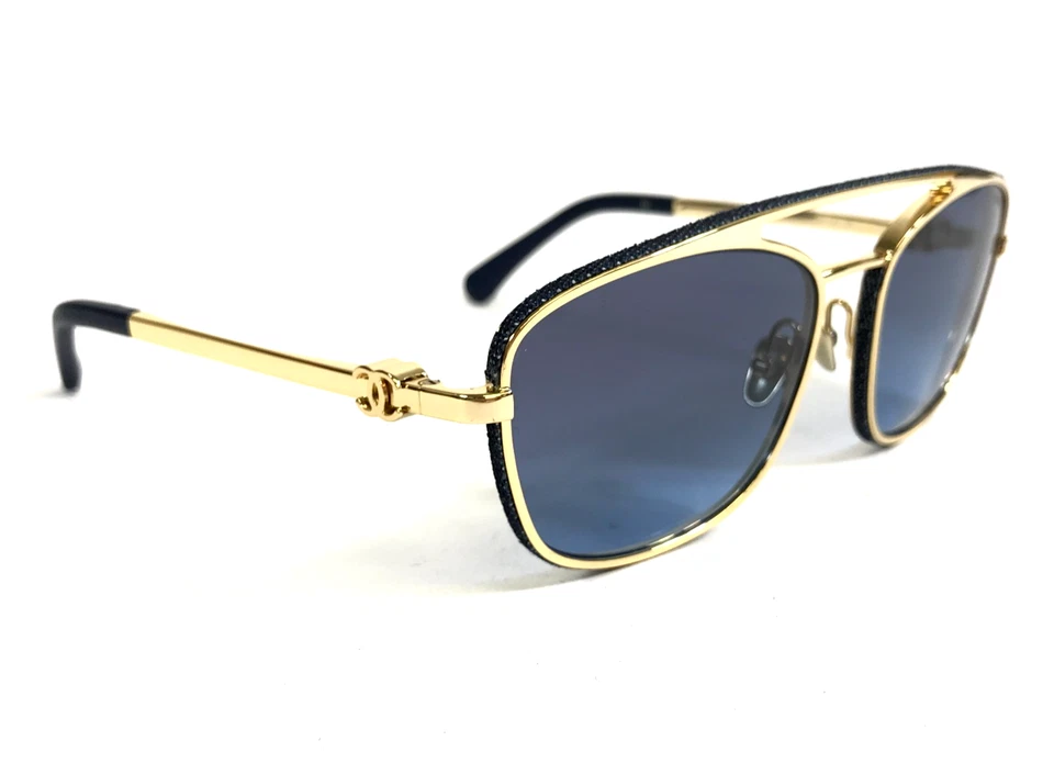 Chanel Sunglasses 4290-Q c.125/S2 Gold Denim Leather Aviators with Blue Lenses - Image 3 of 4