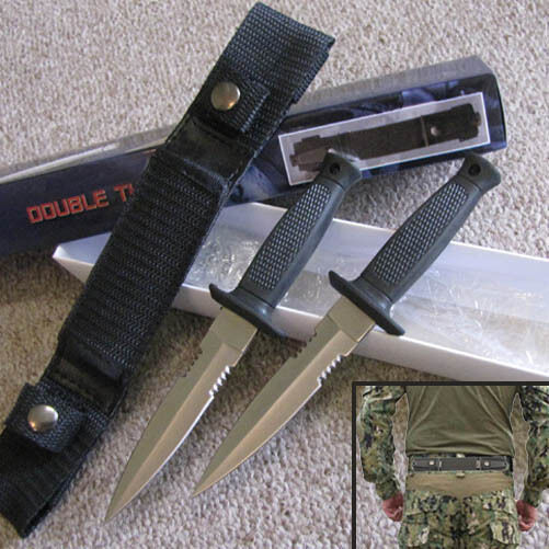 2pc - Double Trouble BOOT THROWING KNIFE Set w/WAIST line Sheath Military Style