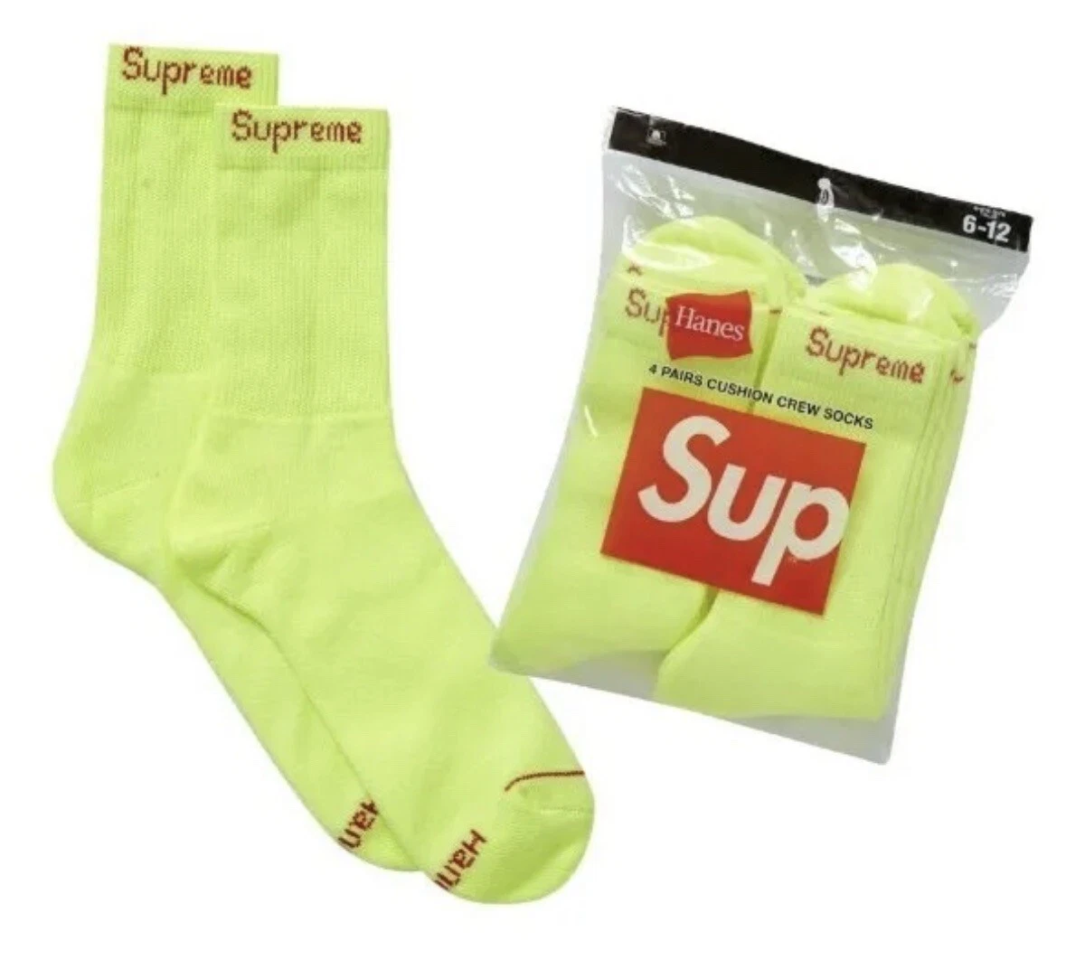 CHAUSSETTES SUPREME X HANES CREW (4 PACK) JAUNE FLEURIE TAILLE 6 12 DS NEON NEUVES DANS LEUR EMBALLAGE D'ORIGINE