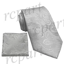 New Men's Micro Fiber Paisley Neck Tie & Hankie Set silver formal wedding prom
