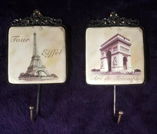 Tour Eiffel and Arc de Triomphe wall mount cup/coat holders (set)