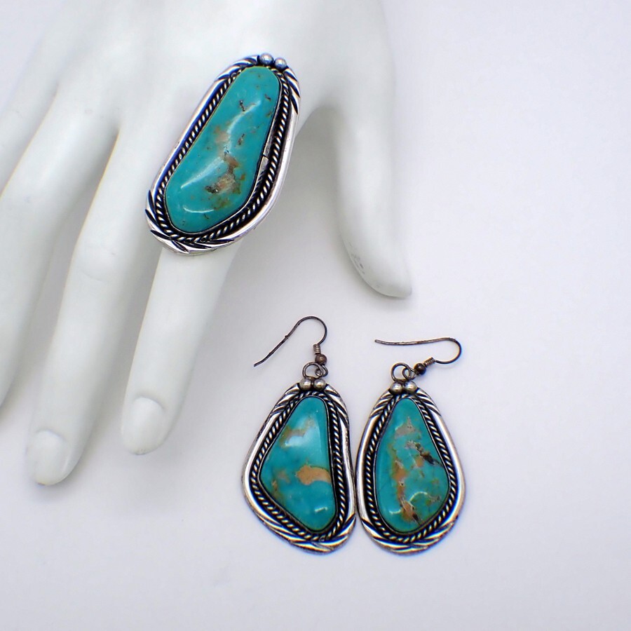 Navajo Turquoise Earrings Ring Set Benny Pinto Sterling Silver 1960