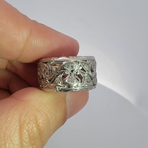 Antik Art Deco Diamant 14K Weißgold offene Arbeit breit Hochzeitsband Ring Nachlass - Bild 2 von 4