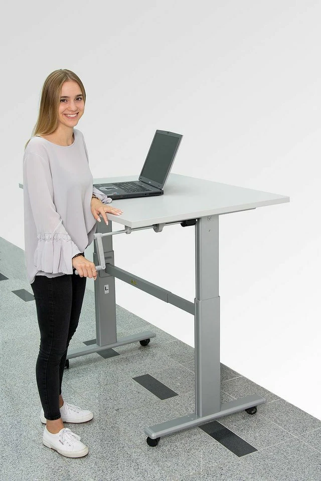 Schreibtisch Manuell höhenverstellbar Ergo Bürotisch Arbeitstisch Kurbel +Rollen