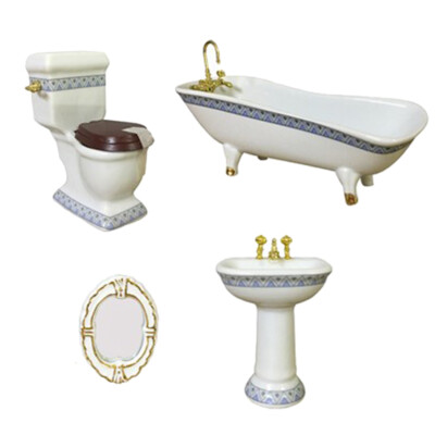 4-tlg. Miniatur Badmöbel Badewanne WC Garnitur für 1/12 Puppenhaus Artikel