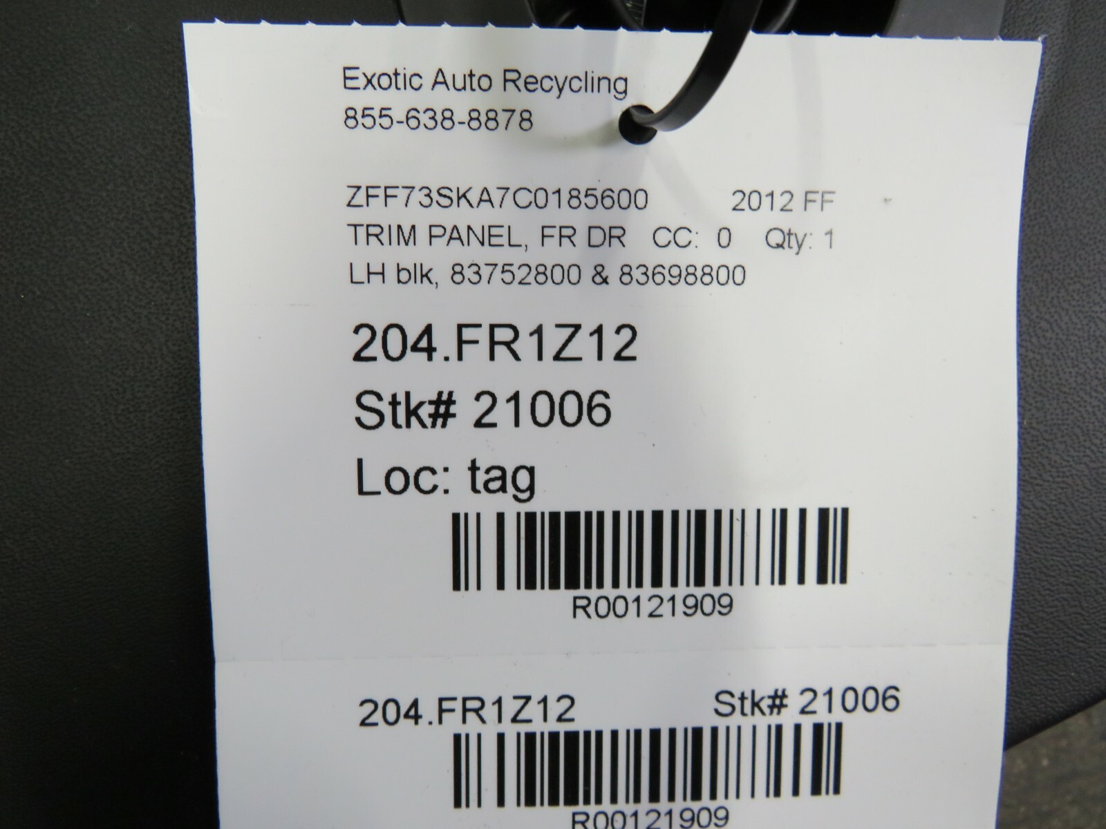 Ferrari FF, LH, Left Door Trim Panel, Black, Used, P/N 83752800 / 83698800