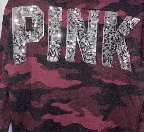 VICTORIAS SECRET VS PINK CAMPUS FLEECE CAMO HOODIE WOMENS S SMALL BURGUNDY - Picture 5 of 7