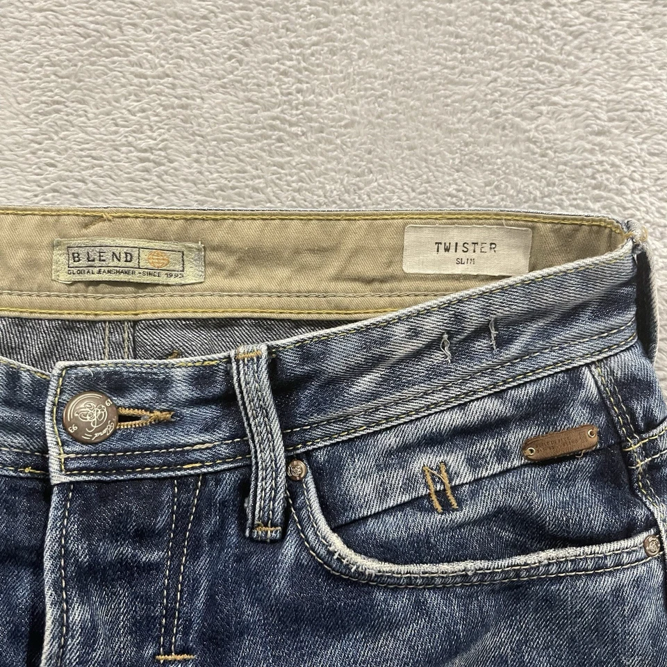 Pantalones de mezclilla ajustados Blend Twister para hombre 30 x 34 azul botón mosca desgastado vintage Y2K Foto 4 de 4