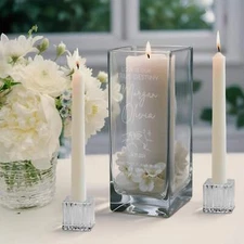 Personalised Wedding Unity Glass Vase, Candles & Holders Set - Square 10D x 25cm