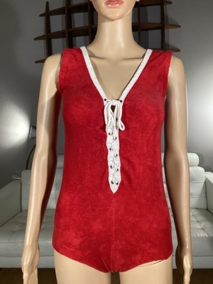 Vintage 70's Lolli Jamas Red Terry Cloth Sleep Bodysuit Romper Playsuit Sz Small