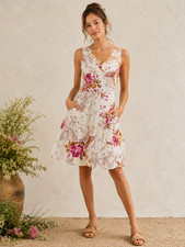 Olivacious Knee Length Dress Women Sz M Floral Linen Blend Coastal Summer Resort