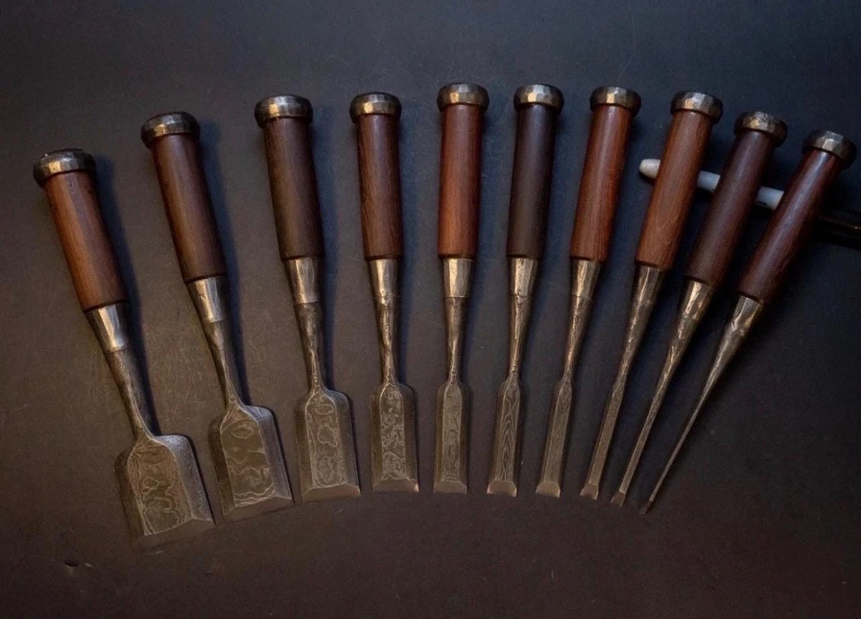 Christmas Gift Hand Forged Damascus Steel Chisel Set Japanese Rosewood 10-Piece - Image 2 of 4