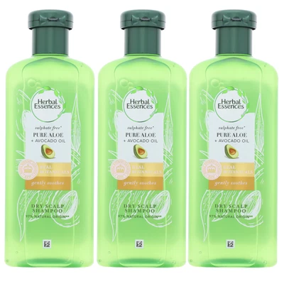 3 x Herbal Essences Pure:Renew champú aloe aceite de aguacate cuero cabelludo seco 225 ml cada uno