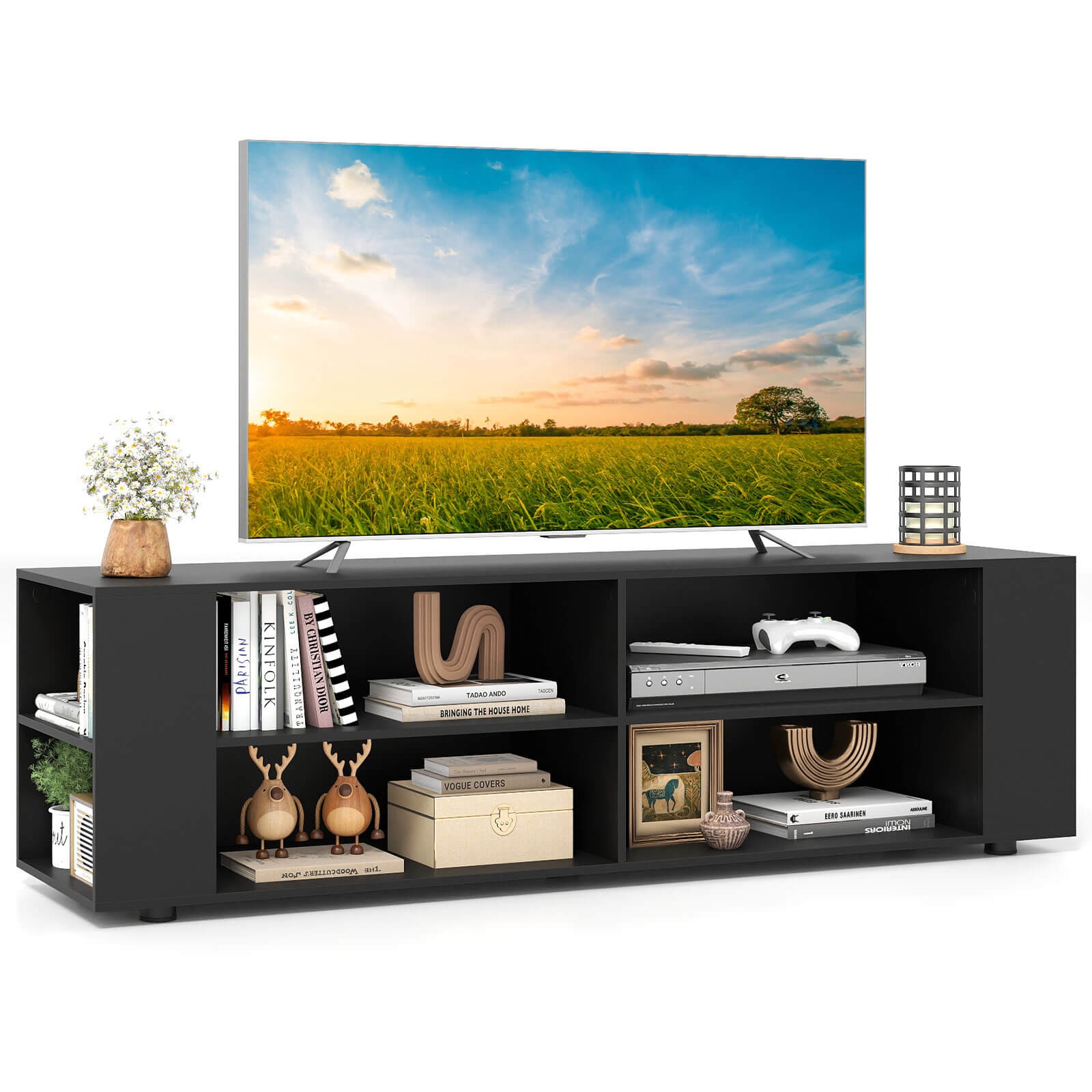 Console Storage Entertainment Media Center With Shelf Black