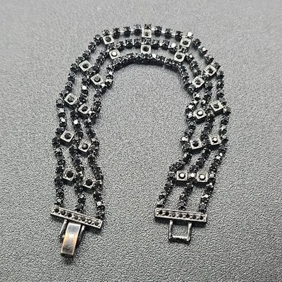 Monet Vtg Gunmetal Black Rhinestones Bracelet 7'' Chain Rectangle Square Circle 