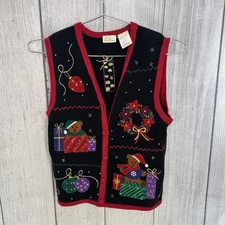 Christmas Sweater Vest Womens SMALL Black Beaded Teddie Bear Bobbie Brooks Vtg