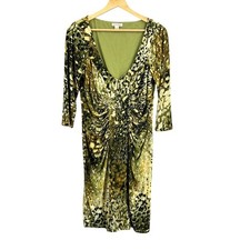 Boston Proper Dress Green Brown Animal Print Stretchy Ruched 3/4 Sleeve Size 12