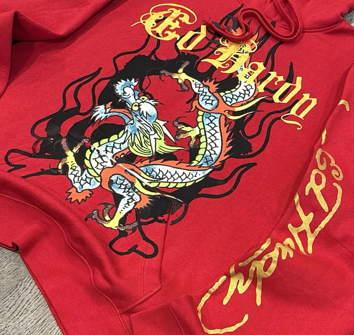 Vintage Ed Hardy Hoodie Y2K Dragon Flames Skull—Red Men's Size