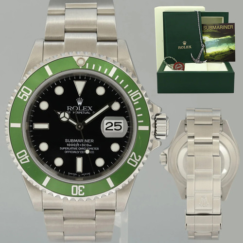 Rolex Flat 4 Kermit F Serial 16610LV Green Submariner 40mm Watch Box